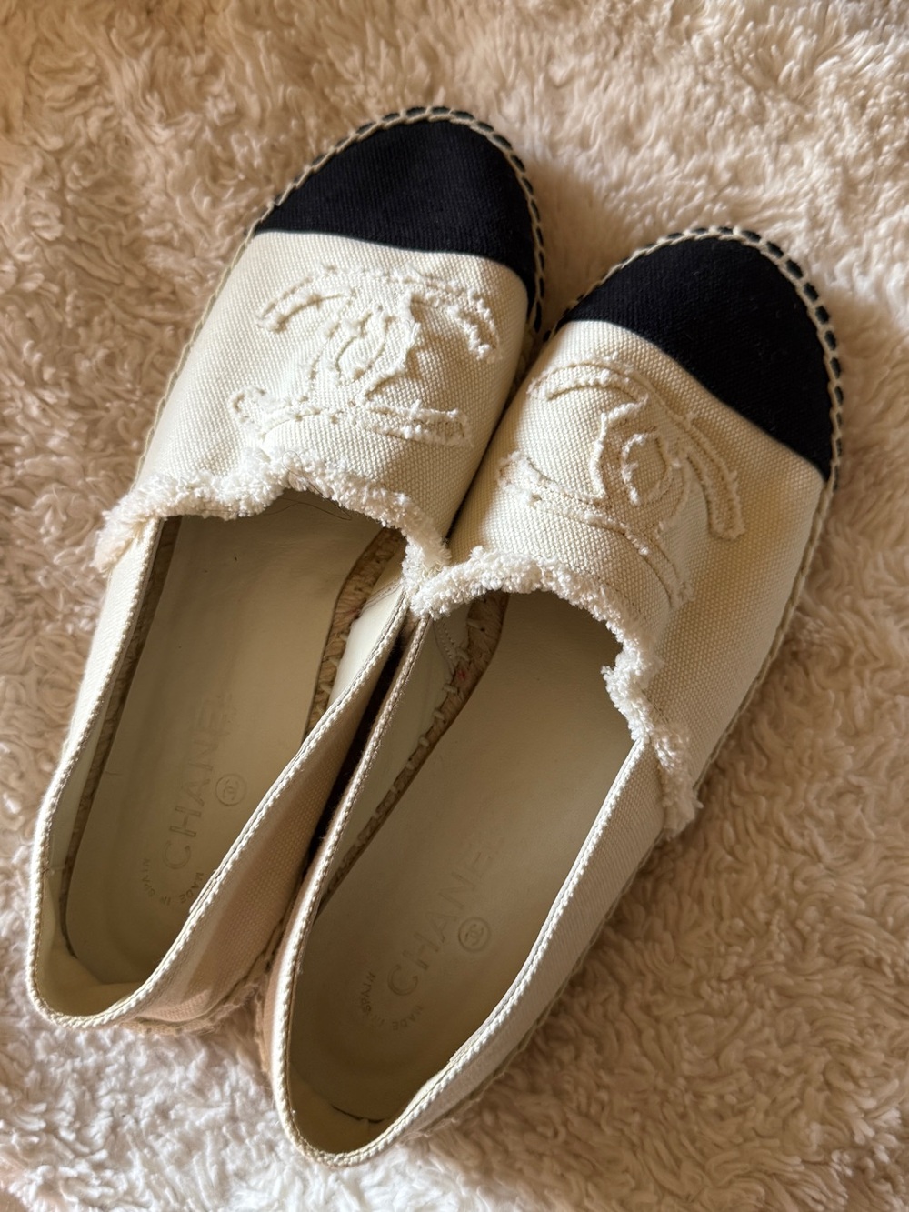 CHANEL Cream Canvas Espadrilles with Black Cap Toe